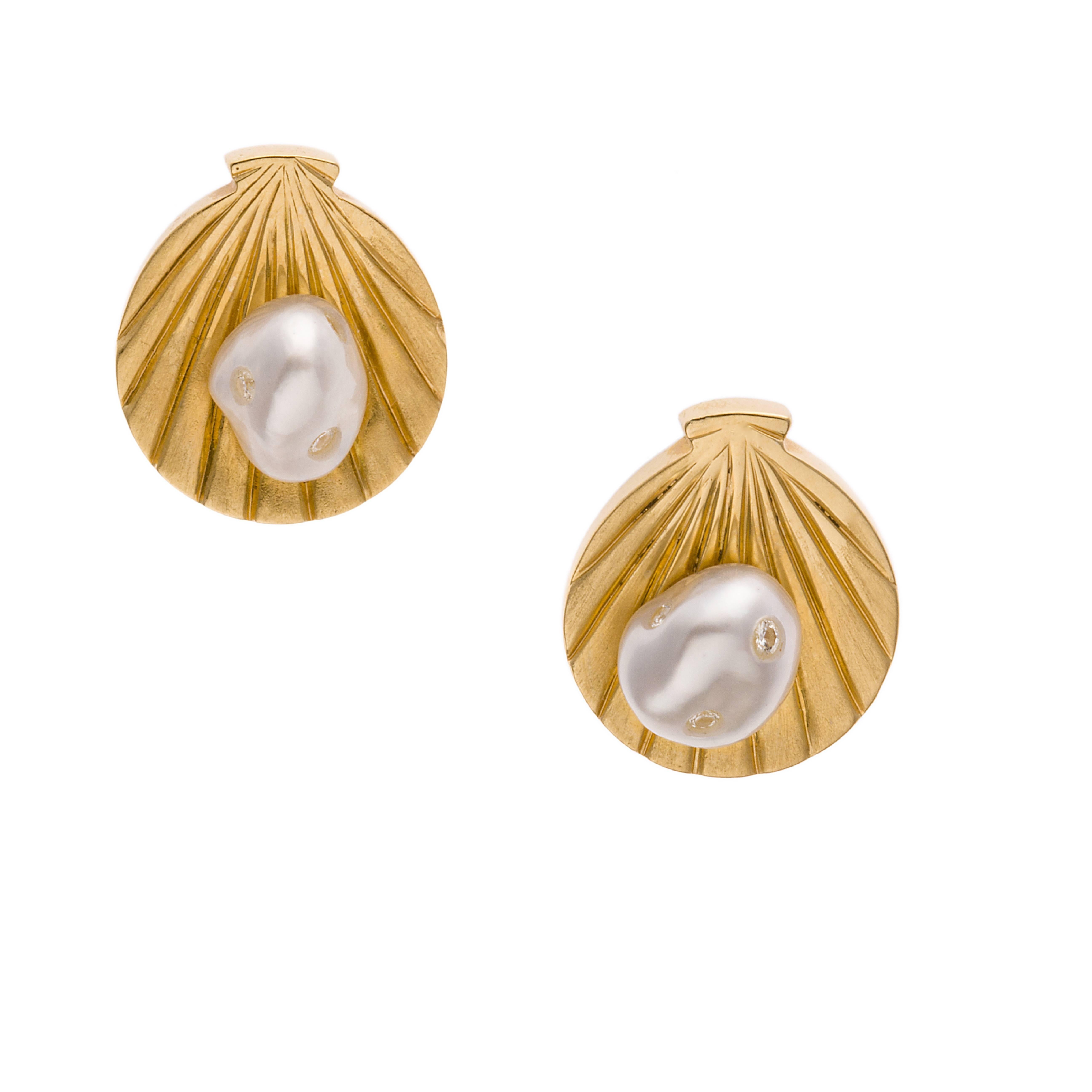 Modern  Gold Shell White Keshi South Sea Pearls White Diamonds Studs Earrings For Sale