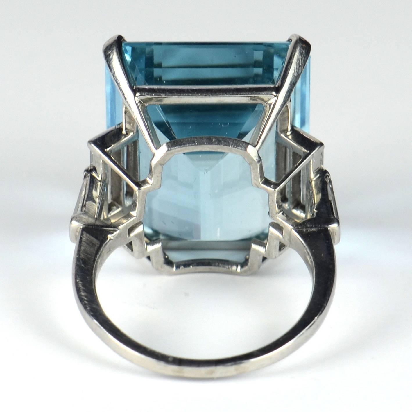 Baguette Cut Trabert & Hoeffer Mauboussin 32 Carat Aquamarine Diamond Platinum Cocktail Ring