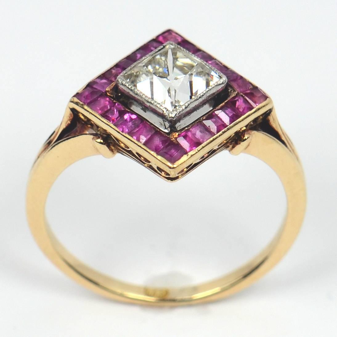 Antique Cushion Cut Edwardian 1.20 Carat Diamond Ruby Ring For Sale