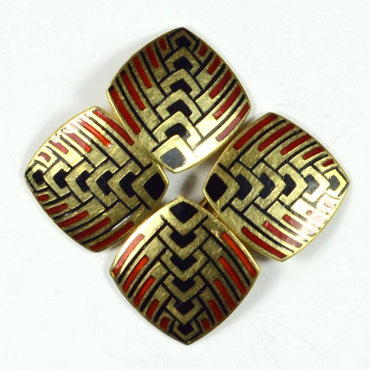 French Art Deco Enamel Gold Cufflinks, circa 1915 1