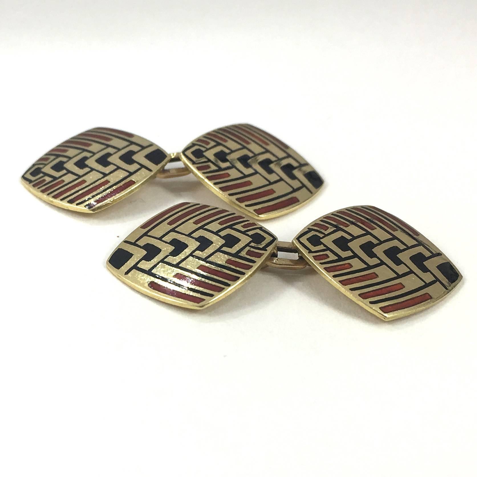 Men's French Art Deco Enamel Gold Cufflinks, circa 1915