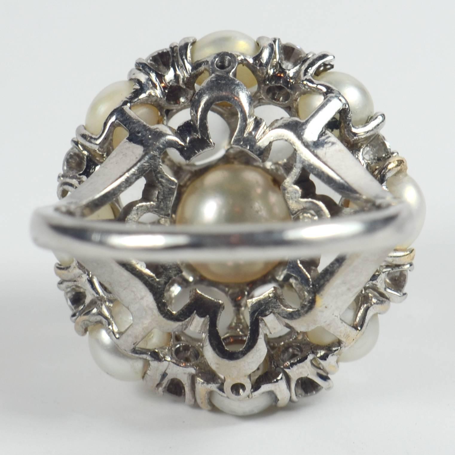 Cat's Eye Moonstone Pearl White Gold Bombe Ring 3