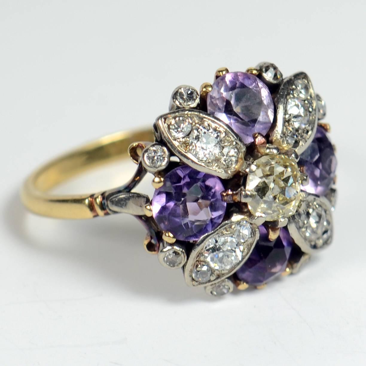 Victorian 19th Century Amethyst Diamond Flower Ring