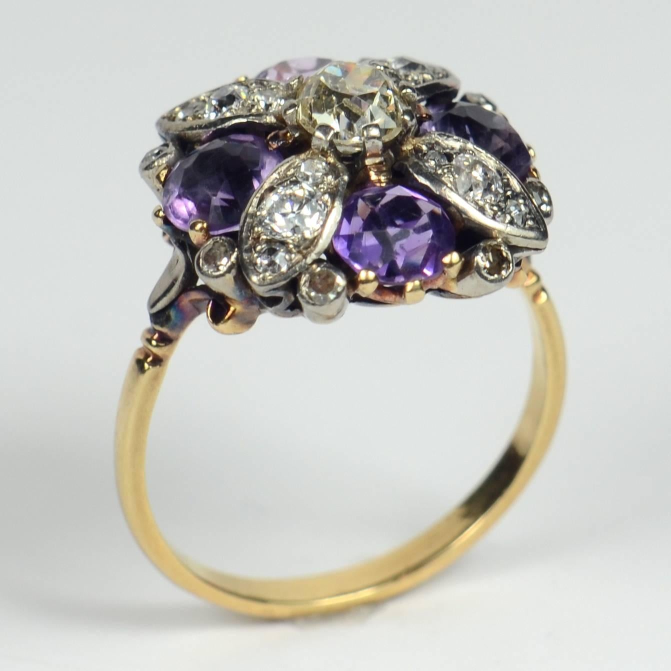 19th Century Amethyst Diamond Flower Ring 1