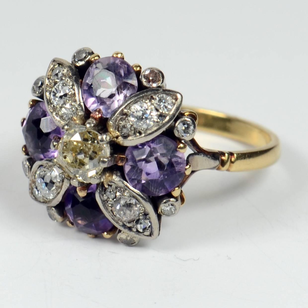 19th Century Amethyst Diamond Flower Ring In Good Condition In London, GB