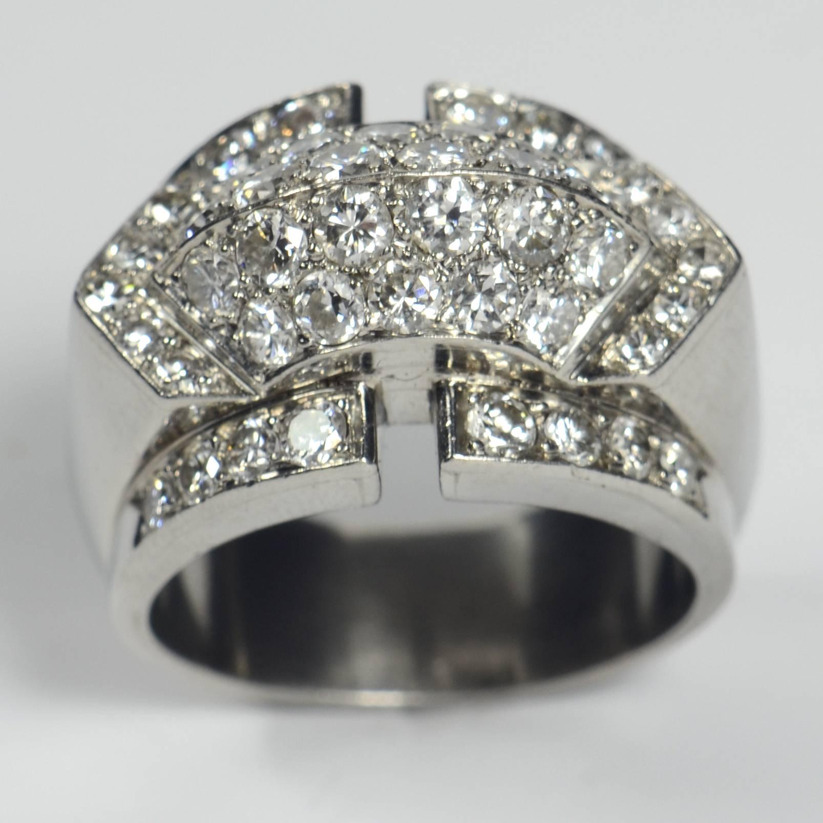 Round Cut Art Moderne Diamond Platinum Ridge Ring