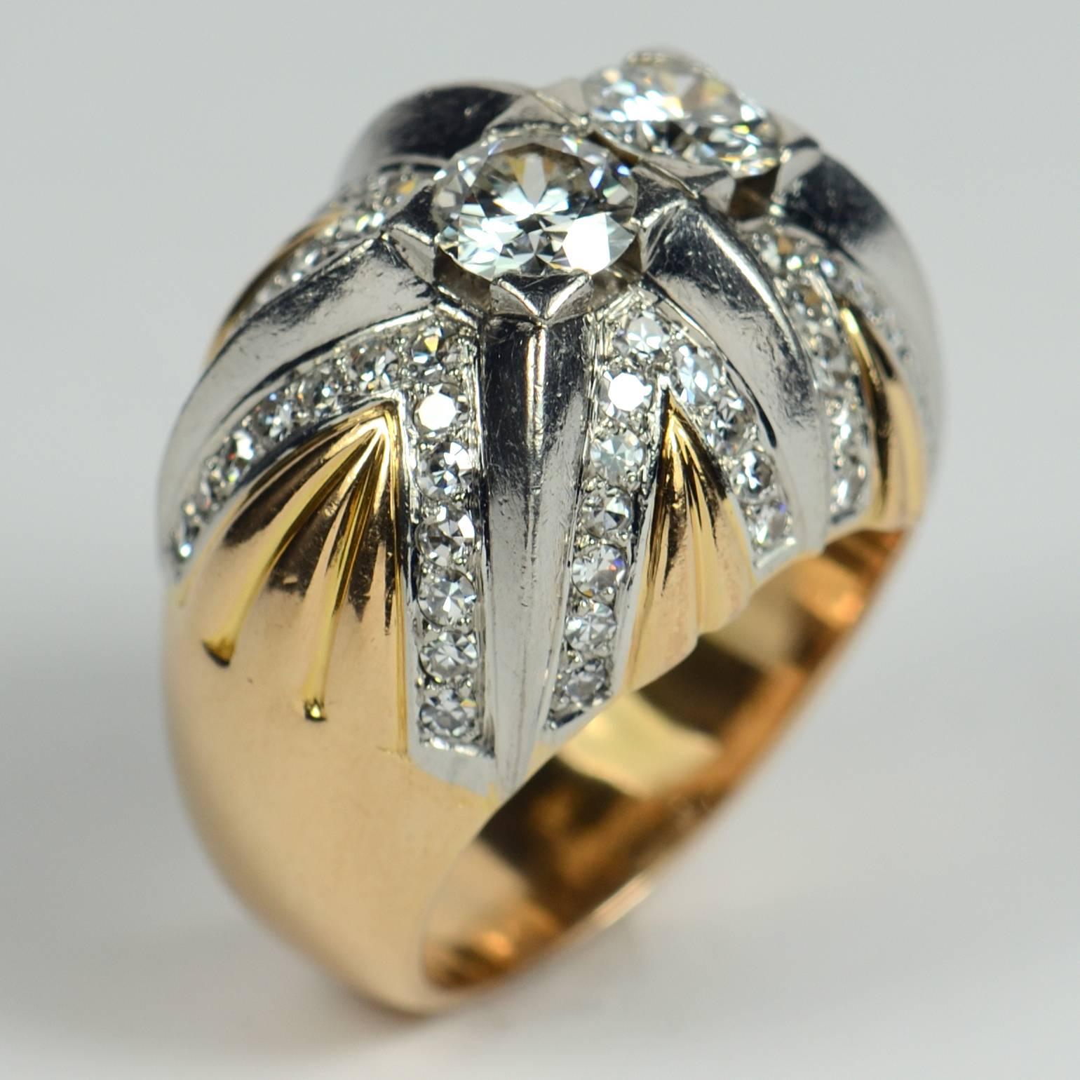 Women's French Retro Diamond Gold Platinum Bombe Ring For Sale