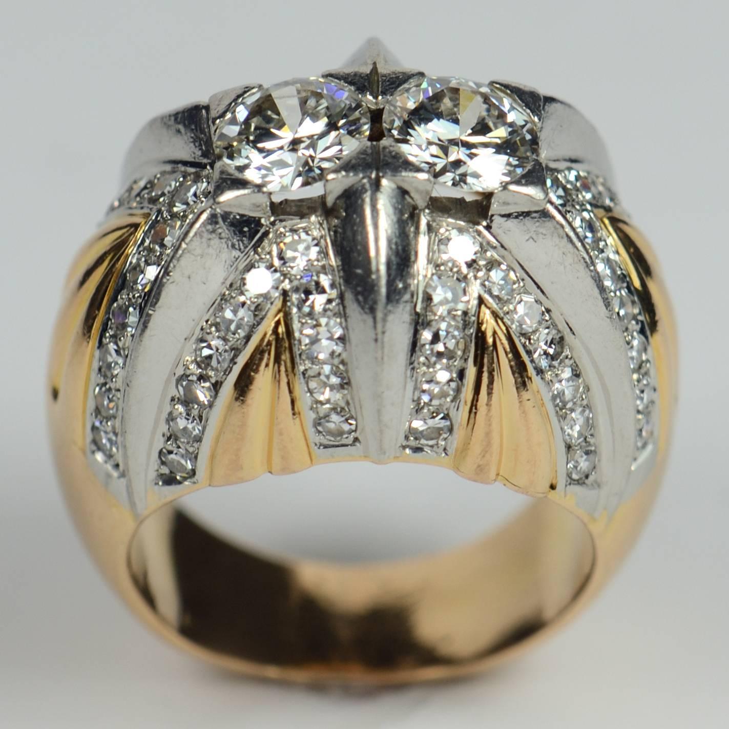 Round Cut French Retro Diamond Gold Platinum Bombe Ring For Sale