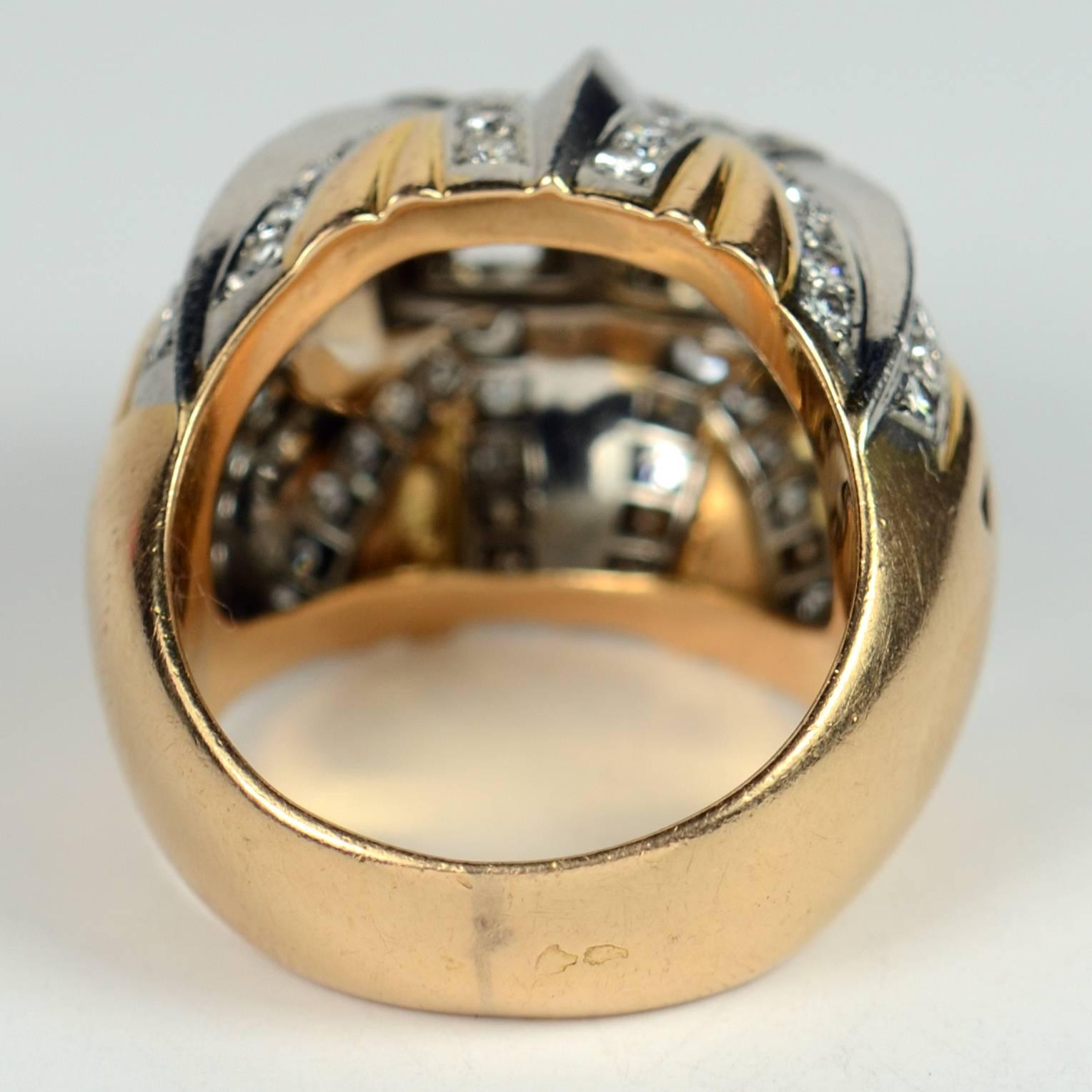 French Retro Diamond Gold Platinum Bombe Ring For Sale 2