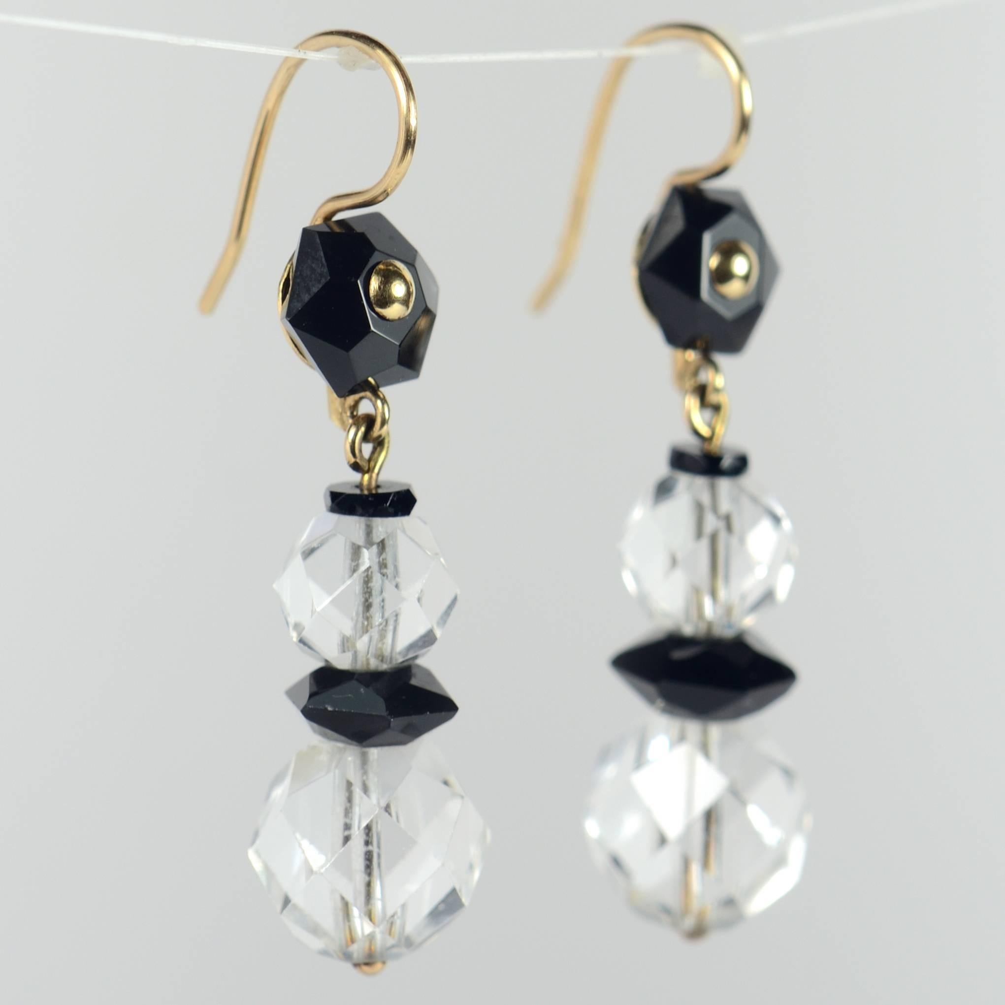 Women's Art Deco Onyx Rock Crystal Gold Drop Earrings, circa 1920