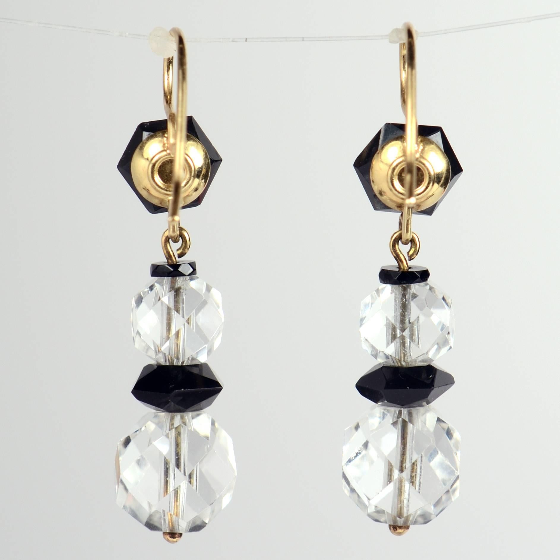 Art Deco Onyx Rock Crystal Gold Drop Earrings, circa 1920 4