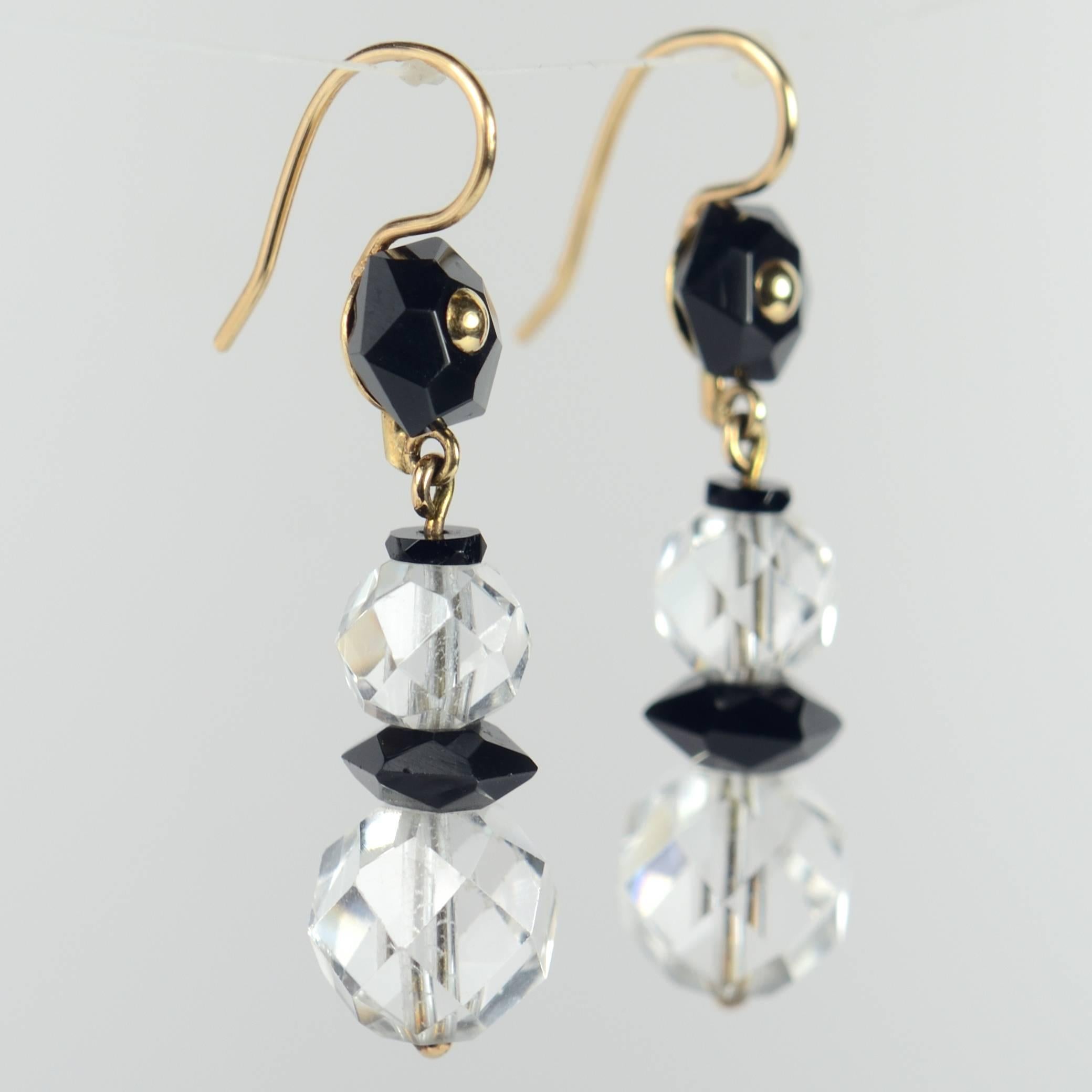 Art Deco Onyx Rock Crystal Gold Drop Earrings, circa 1920 1