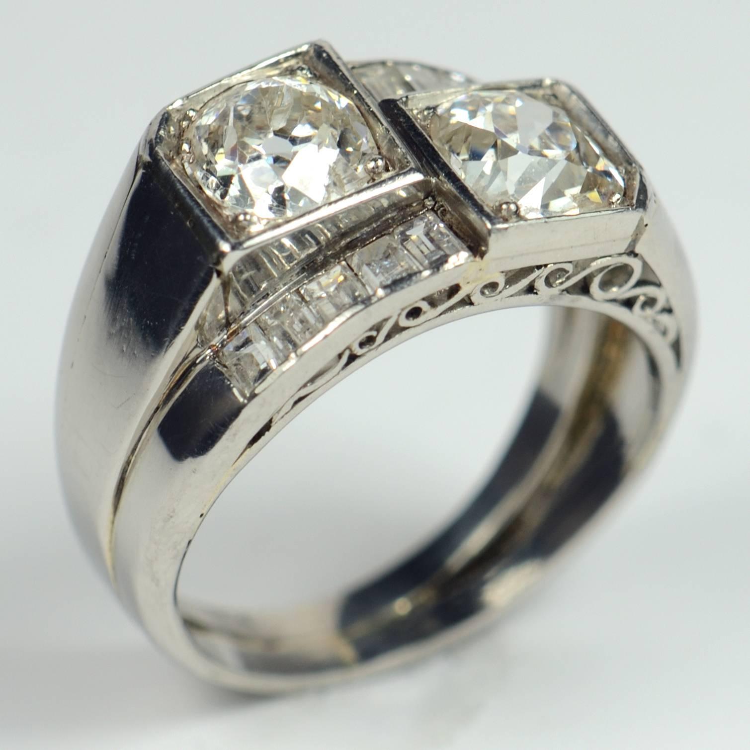Baguette Cut French Art Deco Modernist Diamond Platinum Crossover Ring