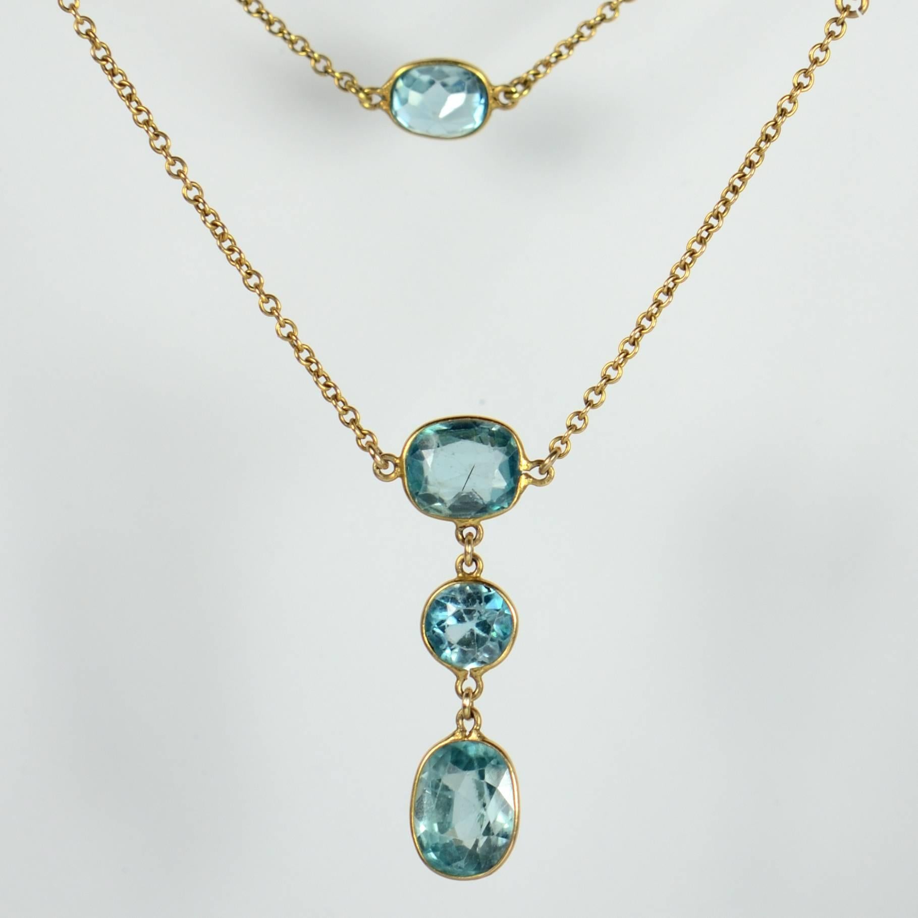 Women's Blue Zircon Gold Long Chain Necklace, circa 1920