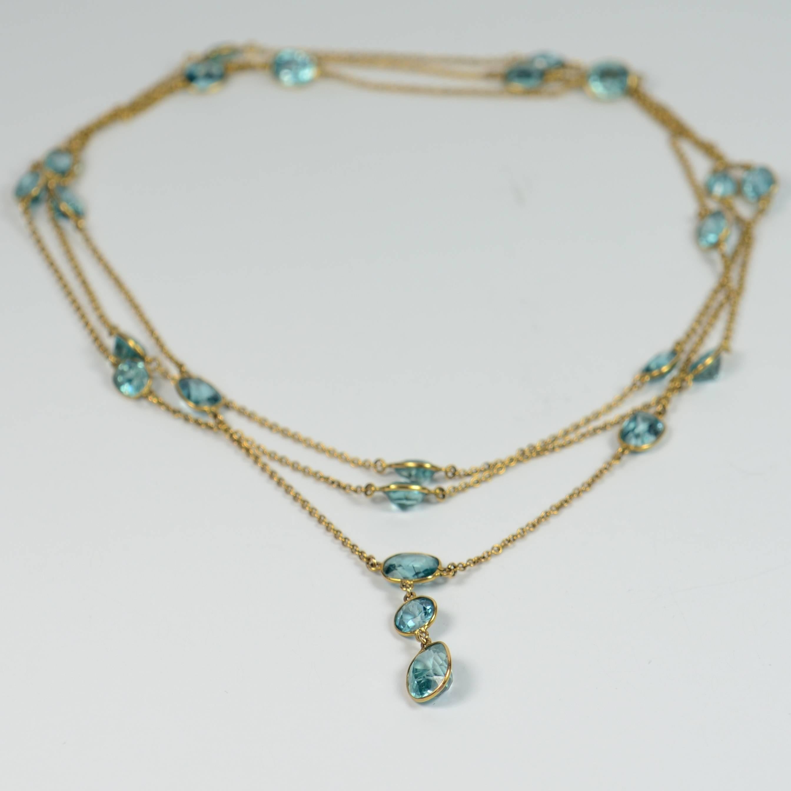 Blue Zircon Gold Long Chain Necklace, circa 1920 2