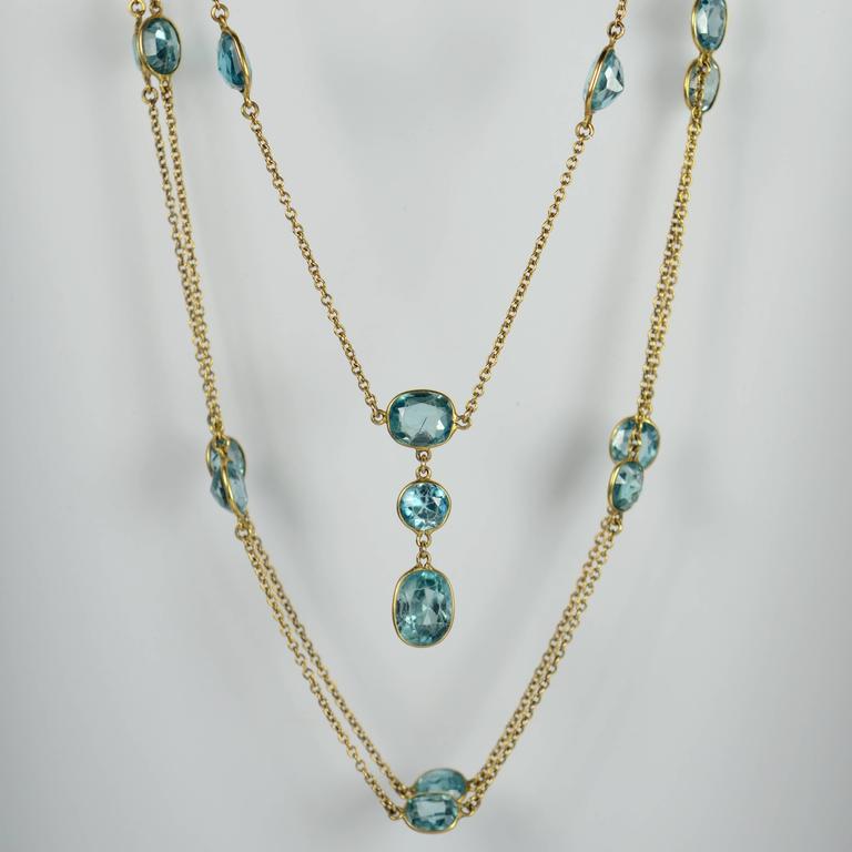 Blue Zircon Gold Long Chain Necklace, circa 1920 at 1stDibs