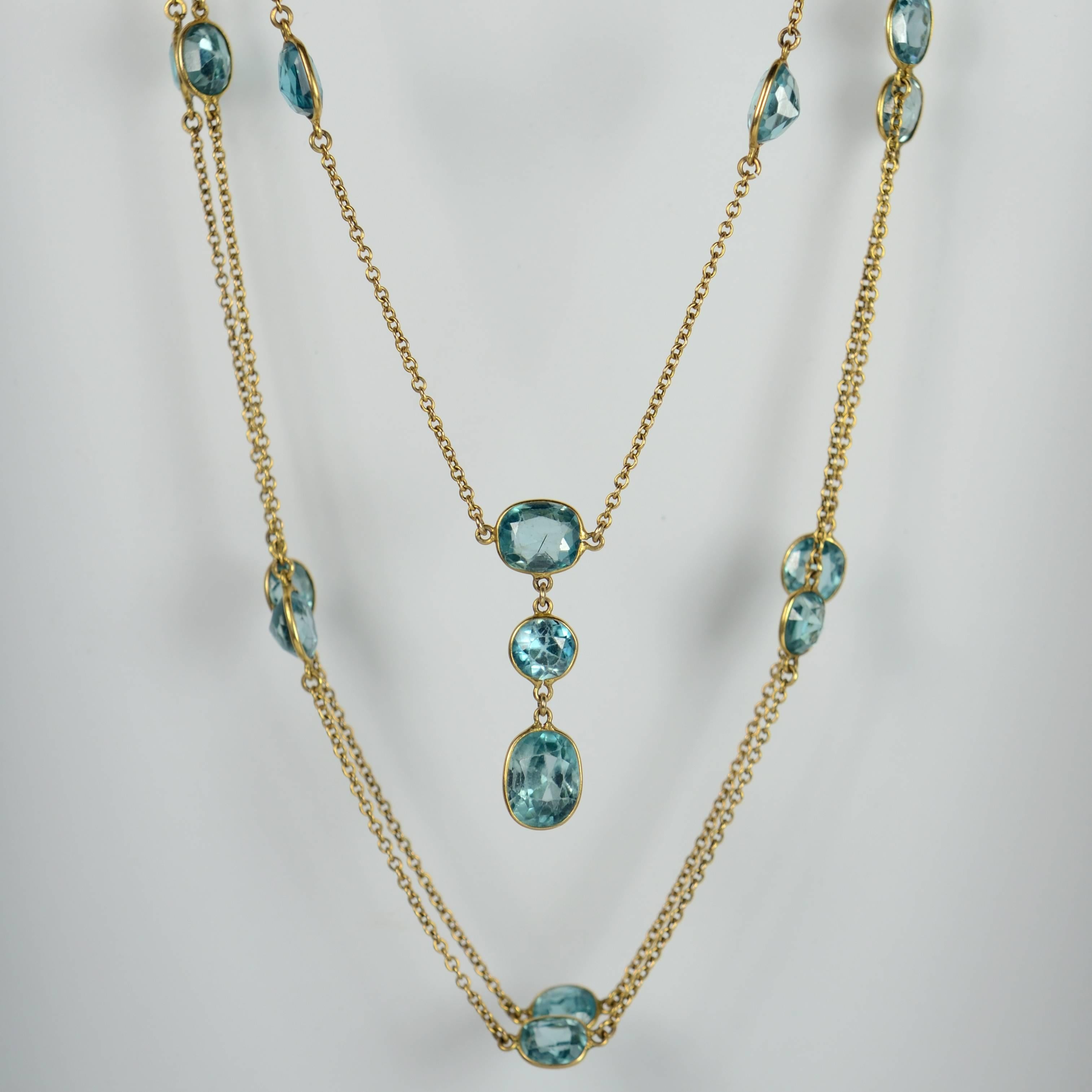 Art Deco Blue Zircon Gold Long Chain Necklace, circa 1920