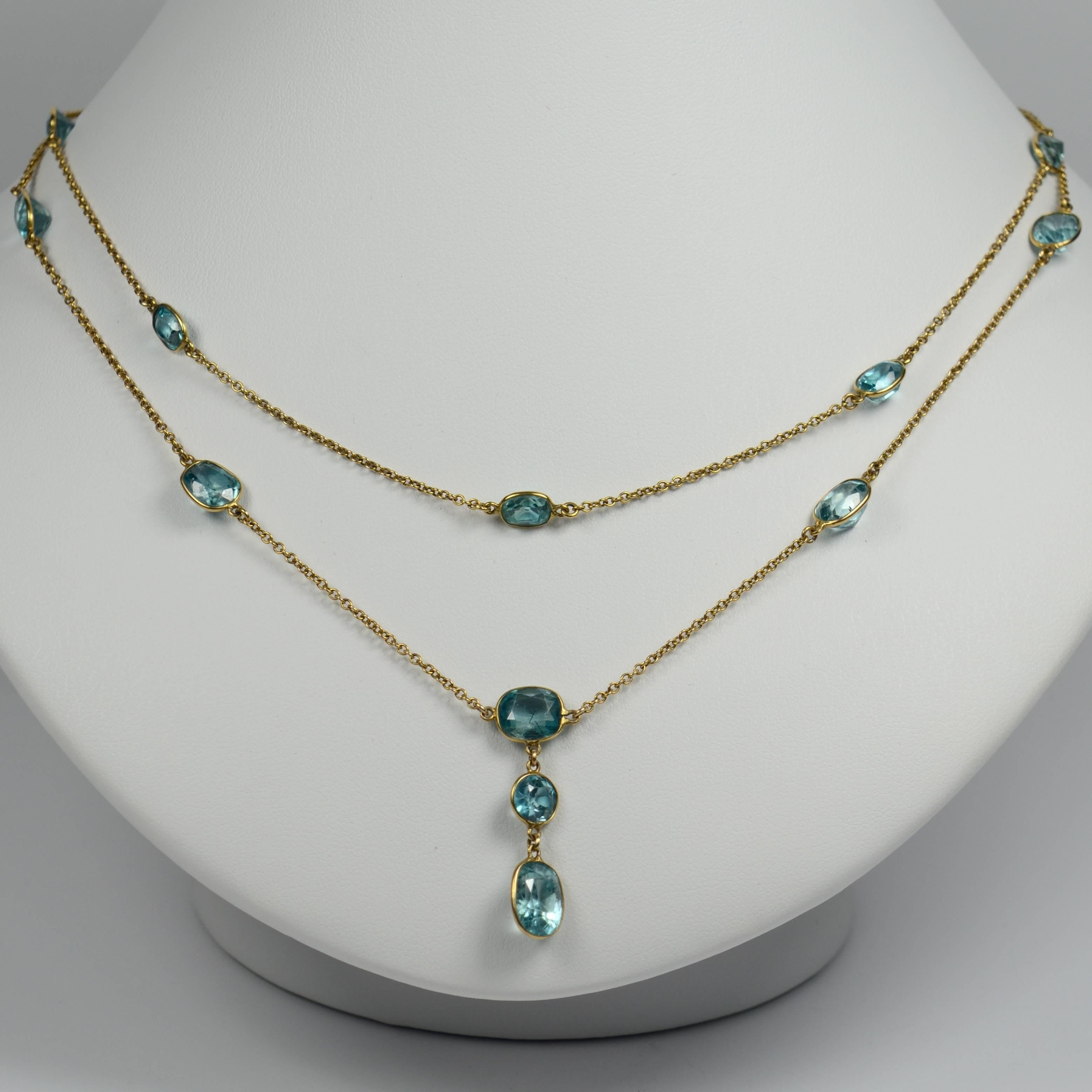 Blue Zircon Gold Long Chain Necklace, circa 1920 1