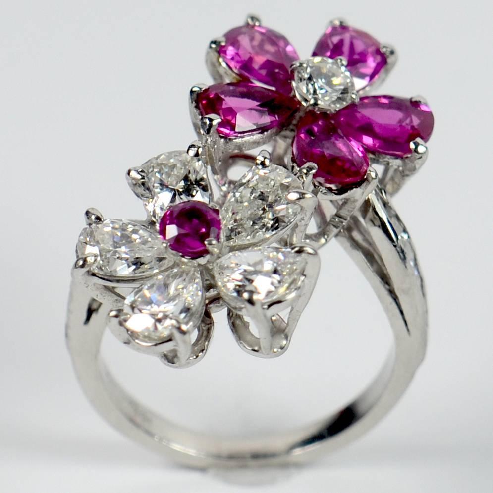 Unheated Burma Ruby Diamond Platinum Red White Flowers Crossover Ring In Good Condition In London, GB
