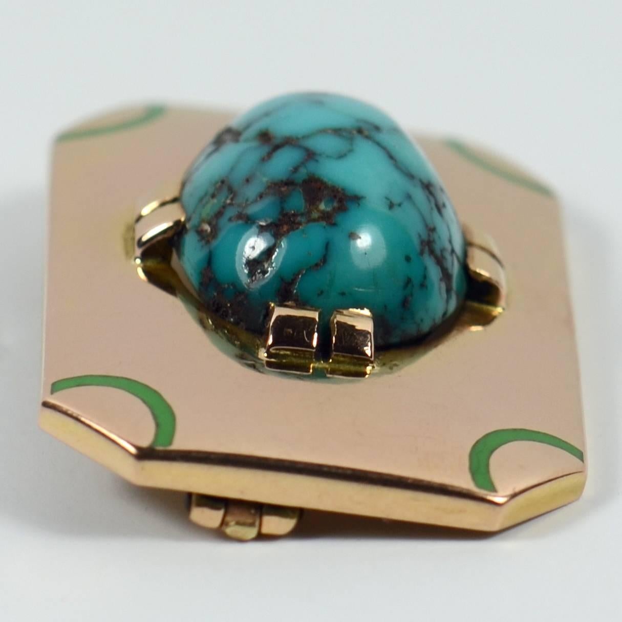 French Art Deco Turquoise Enamel Gold Brooch For Sale 1