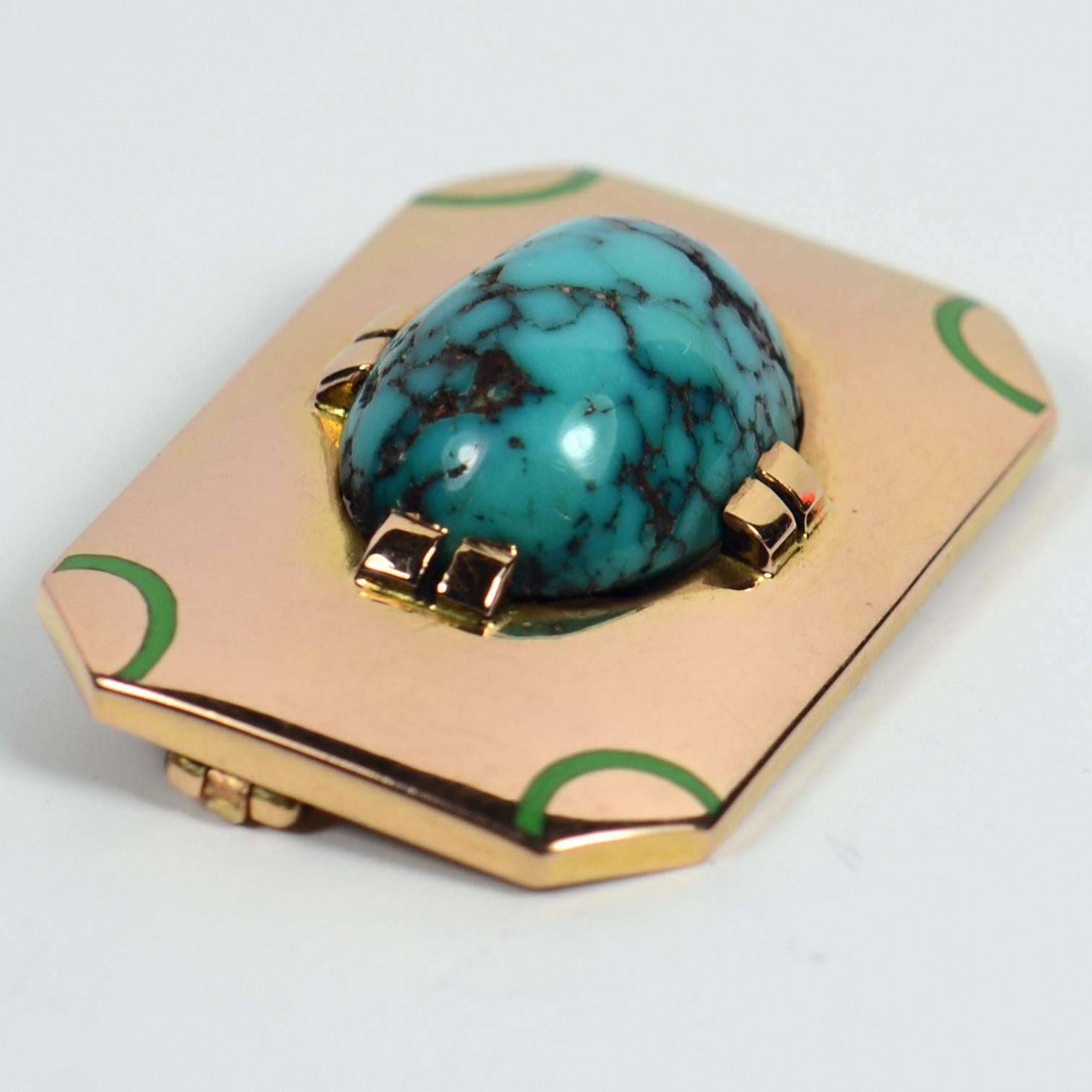 Women's or Men's French Art Deco Turquoise Enamel Gold Brooch For Sale