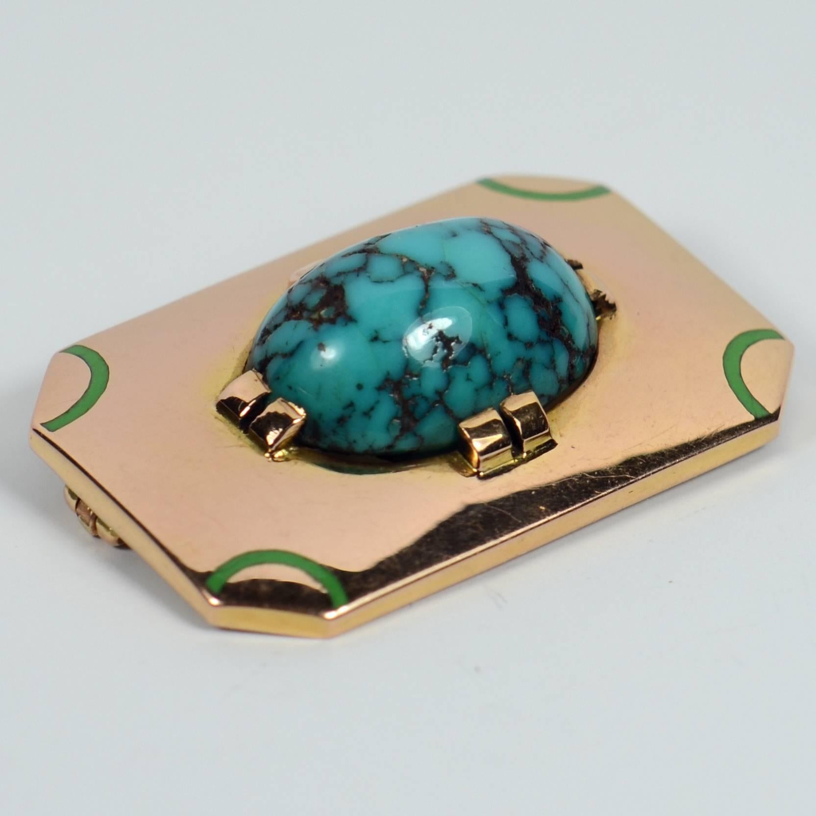 French Art Deco Turquoise Enamel Gold Brooch In Good Condition For Sale In London, GB