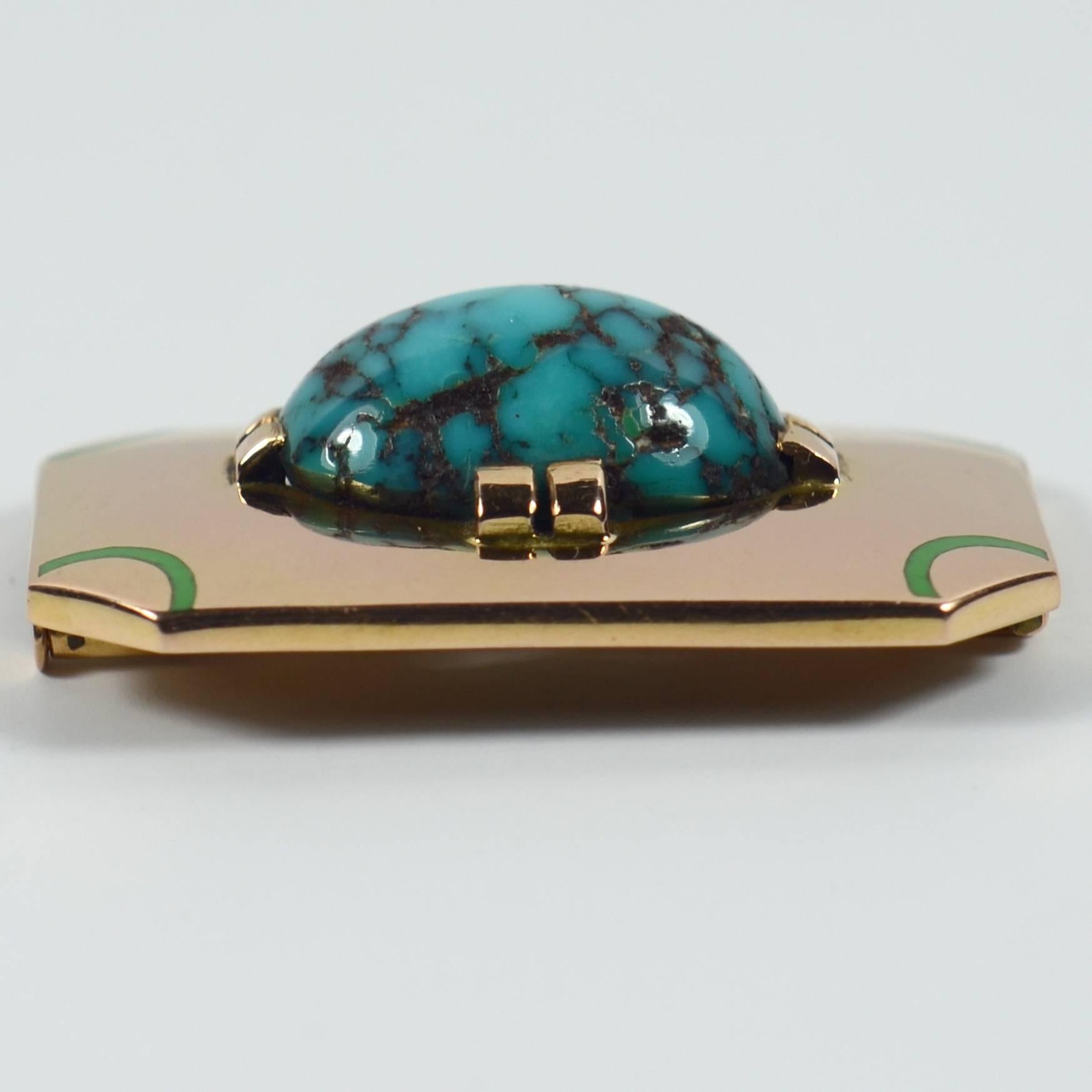 French Art Deco Turquoise Enamel Gold Brooch For Sale 2