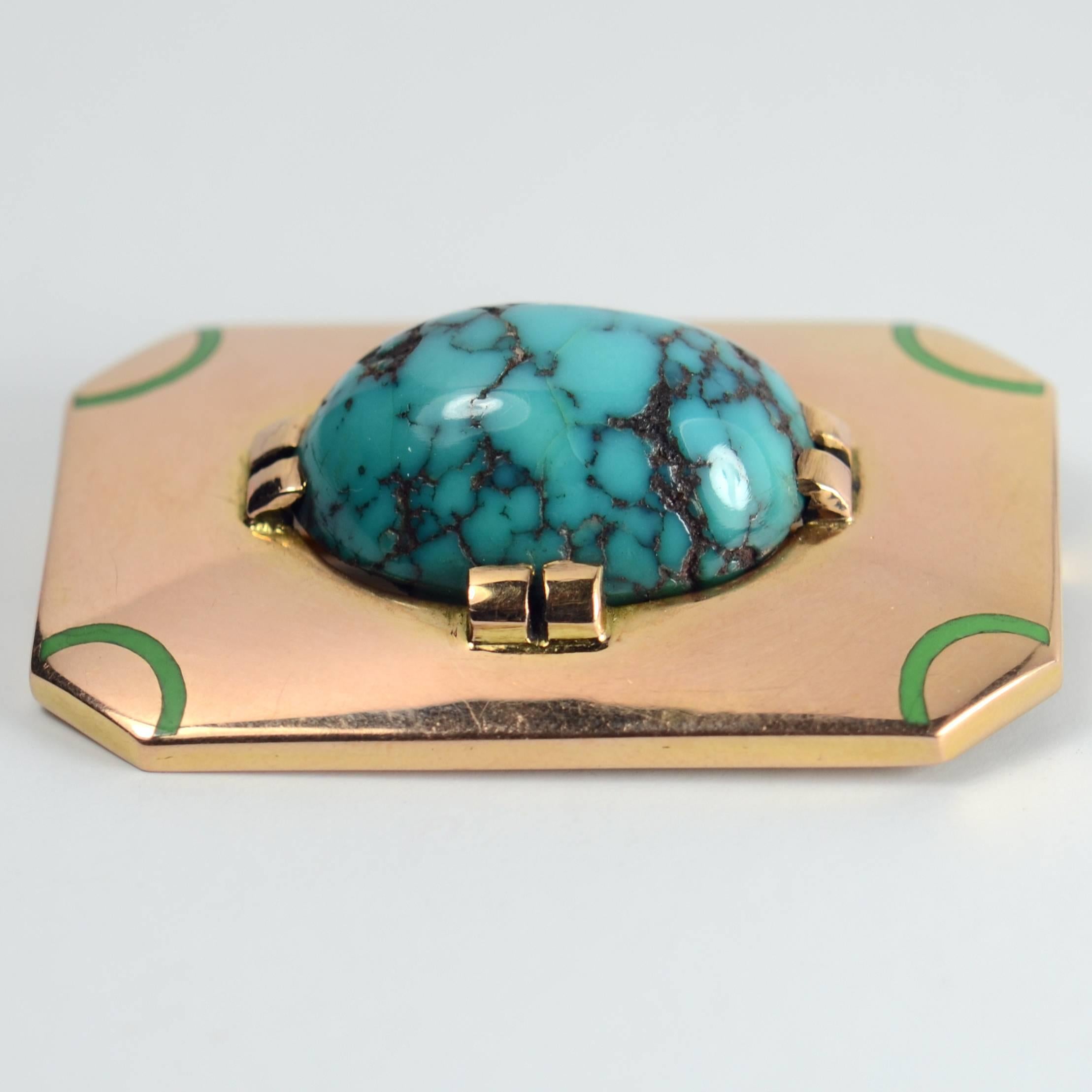 Cabochon French Art Deco Turquoise Enamel Gold Brooch For Sale