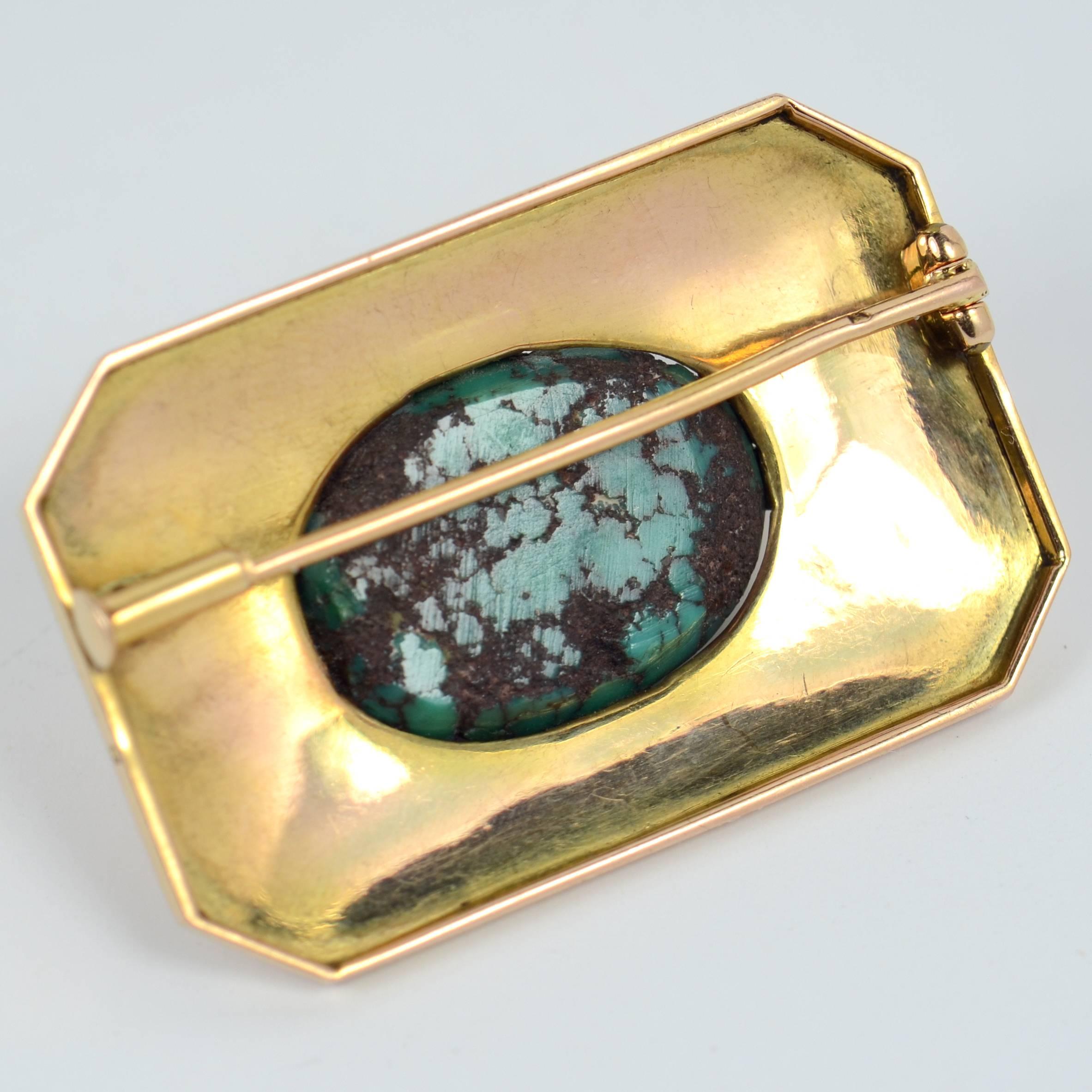 French Art Deco Turquoise Enamel Gold Brooch For Sale 4