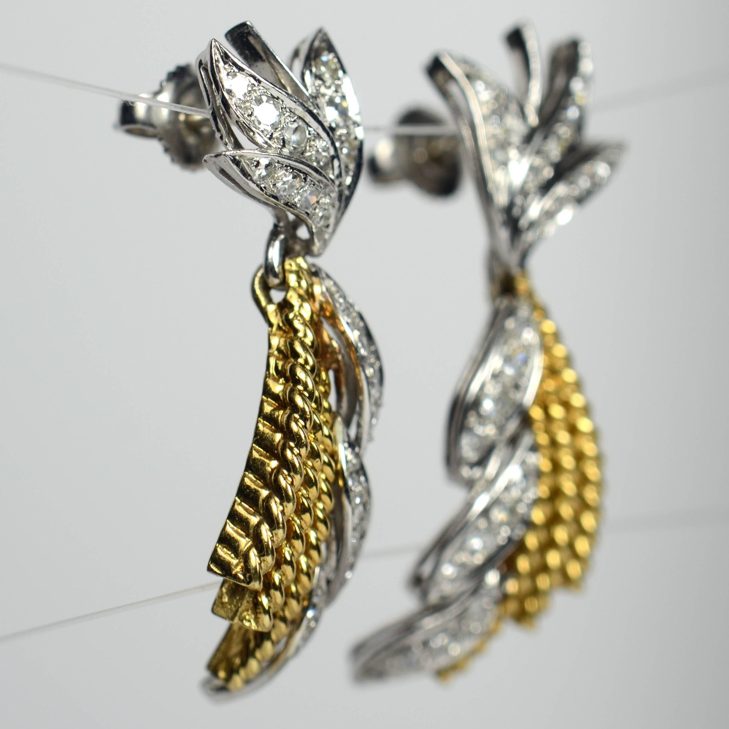 Diamond Gold Drop Earrings, circa 1960 In Good Condition In London, GB