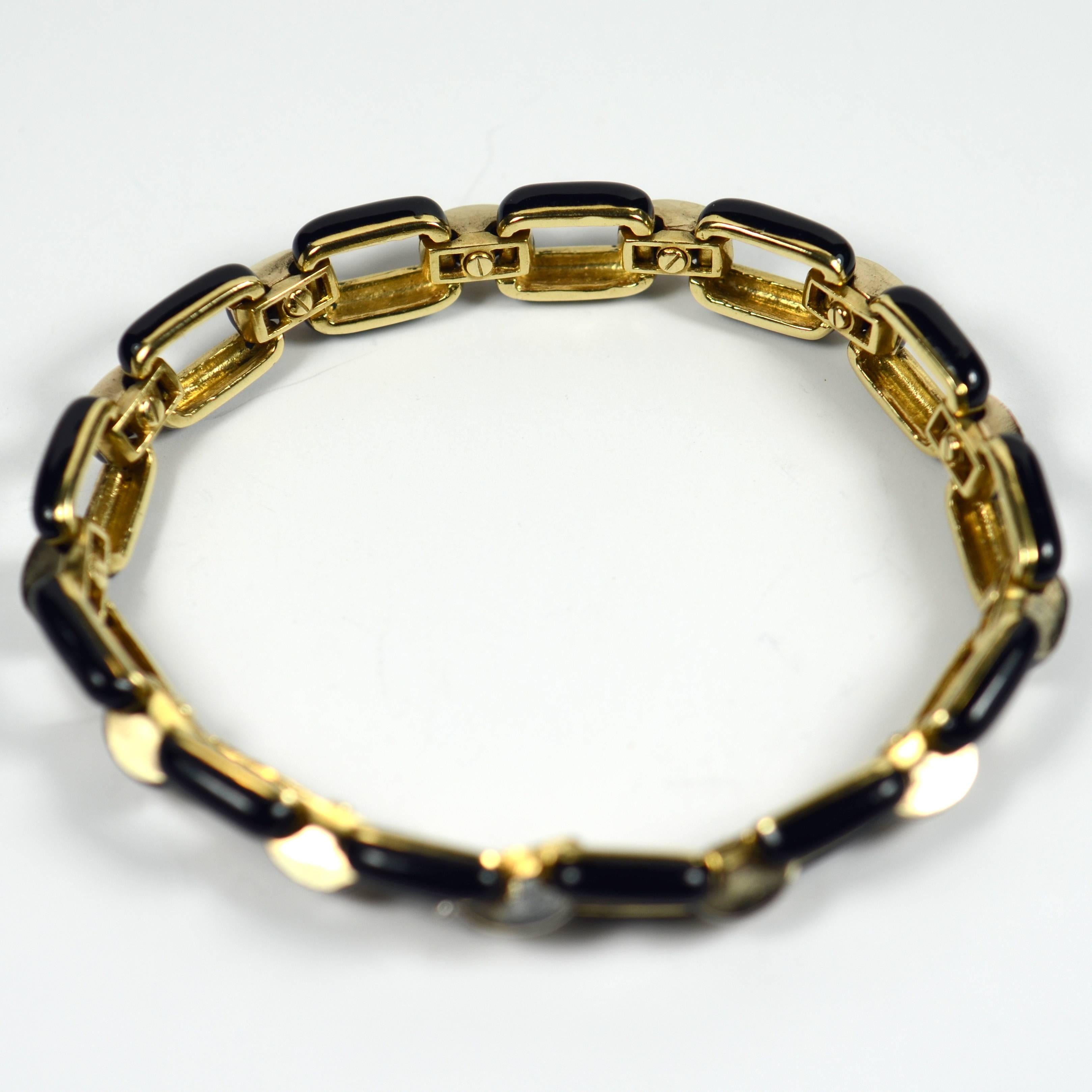 Women's or Men's French Art Deco Black Enamel Diamond Gold Link Bracelet, circa 1935