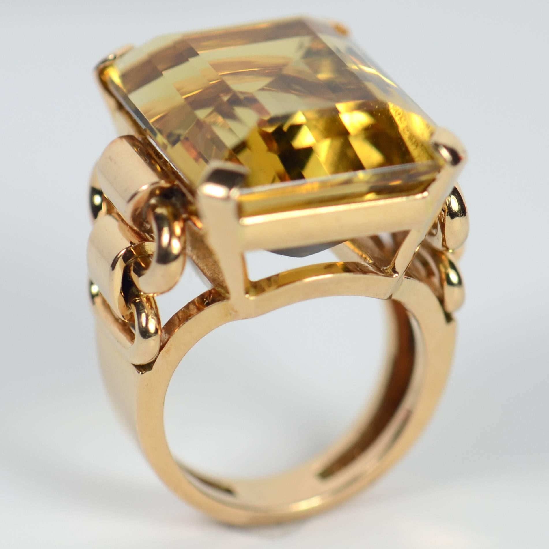 French Retro Yellow Citrine Rose Gold Ring In Good Condition In London, GB