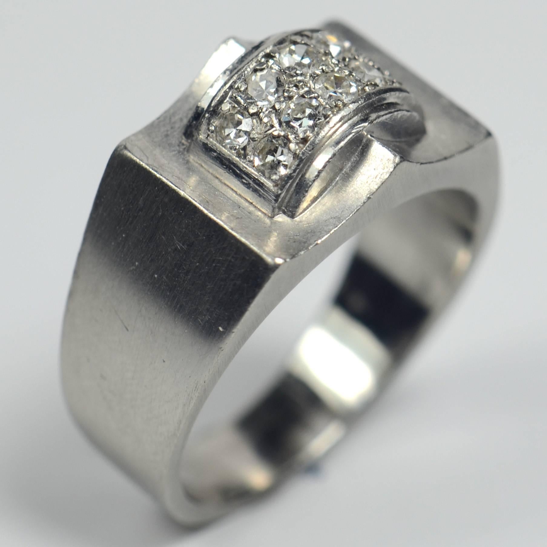 Single Cut French 1935 Modernist White Diamond Platinum Ring