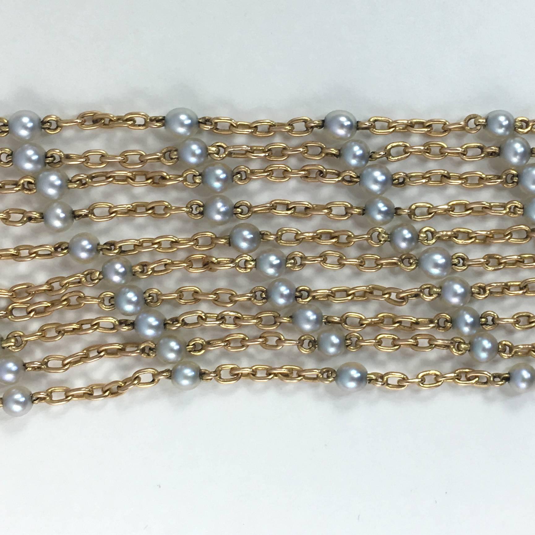 Women's French White Natural Pearl Yellow Gold Long Chain Necklace