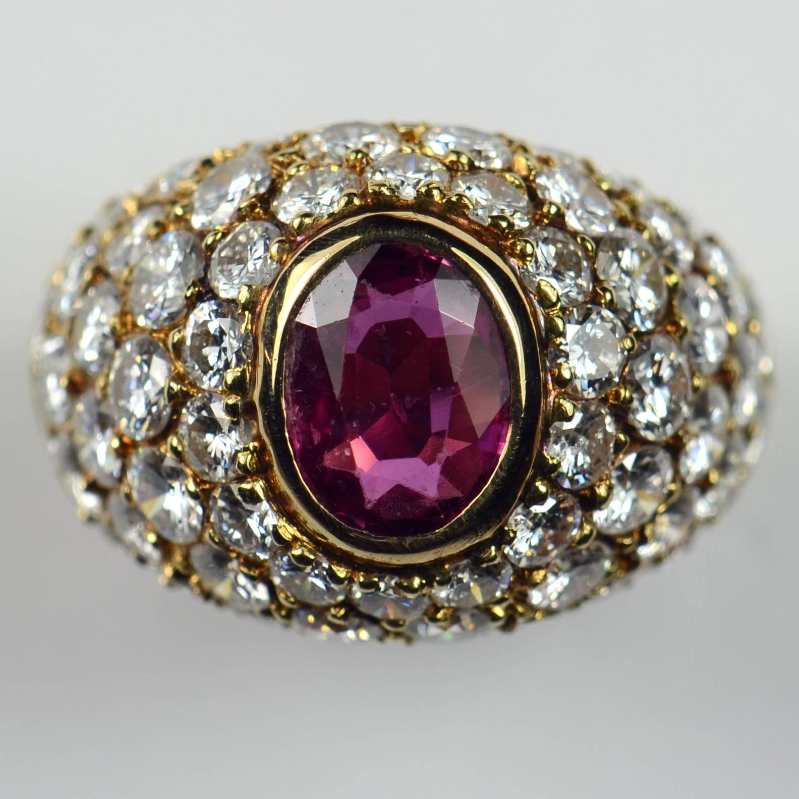 1950s French Red Ruby White Diamond Gold Bombe Ring 4