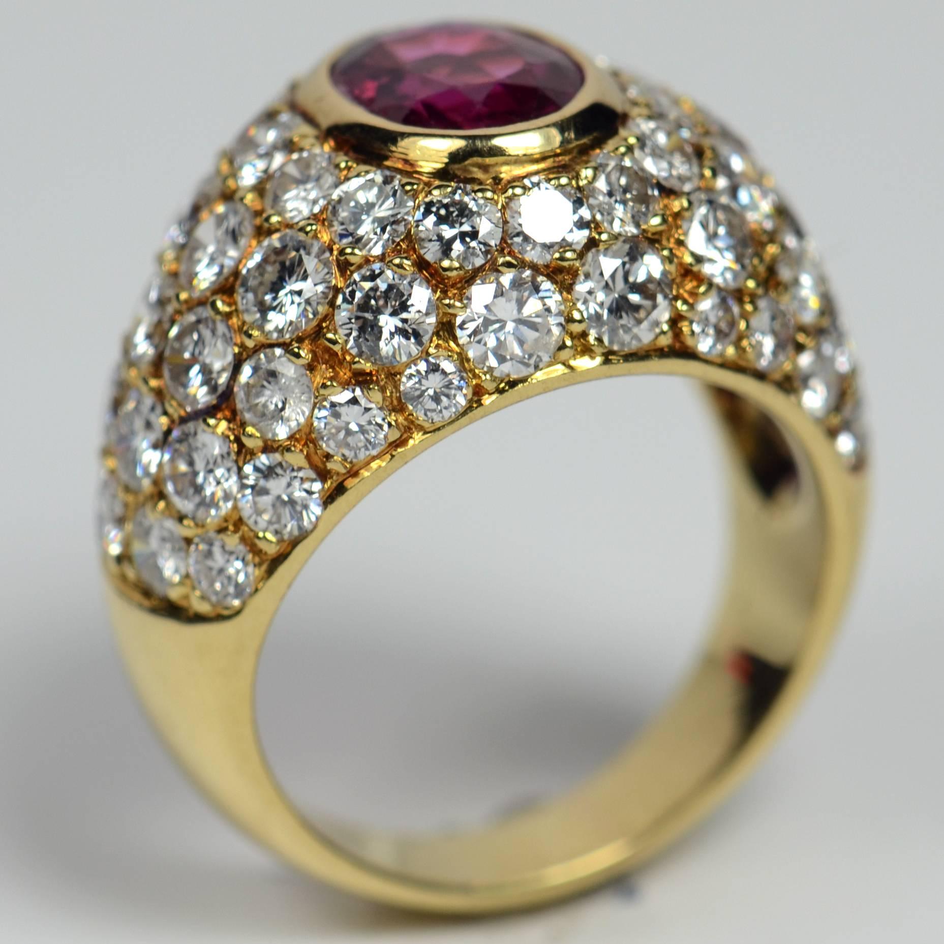 1950s French Red Ruby White Diamond Gold Bombe Ring 2