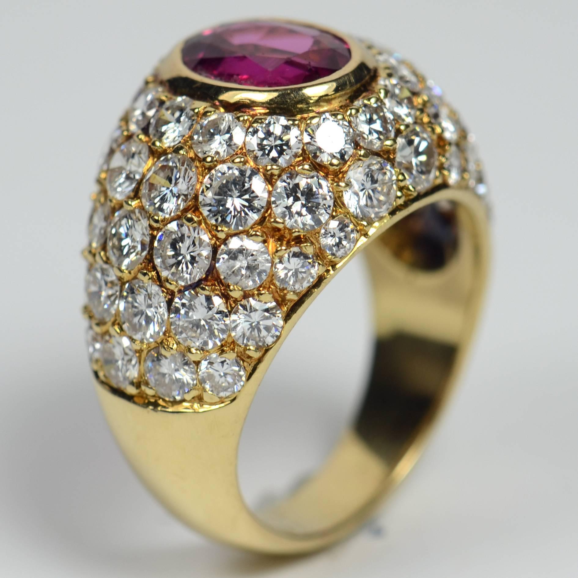 1950s French Red Ruby White Diamond Gold Bombe Ring 1