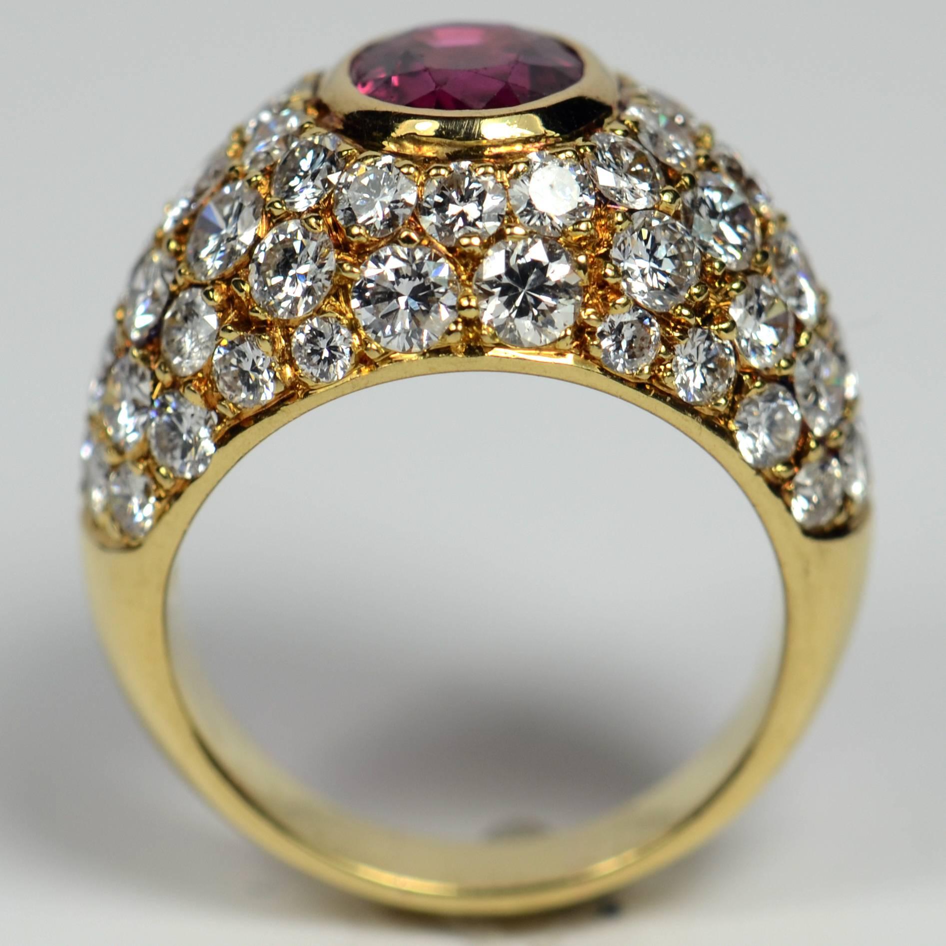 1950s French Red Ruby White Diamond Gold Bombe Ring 3