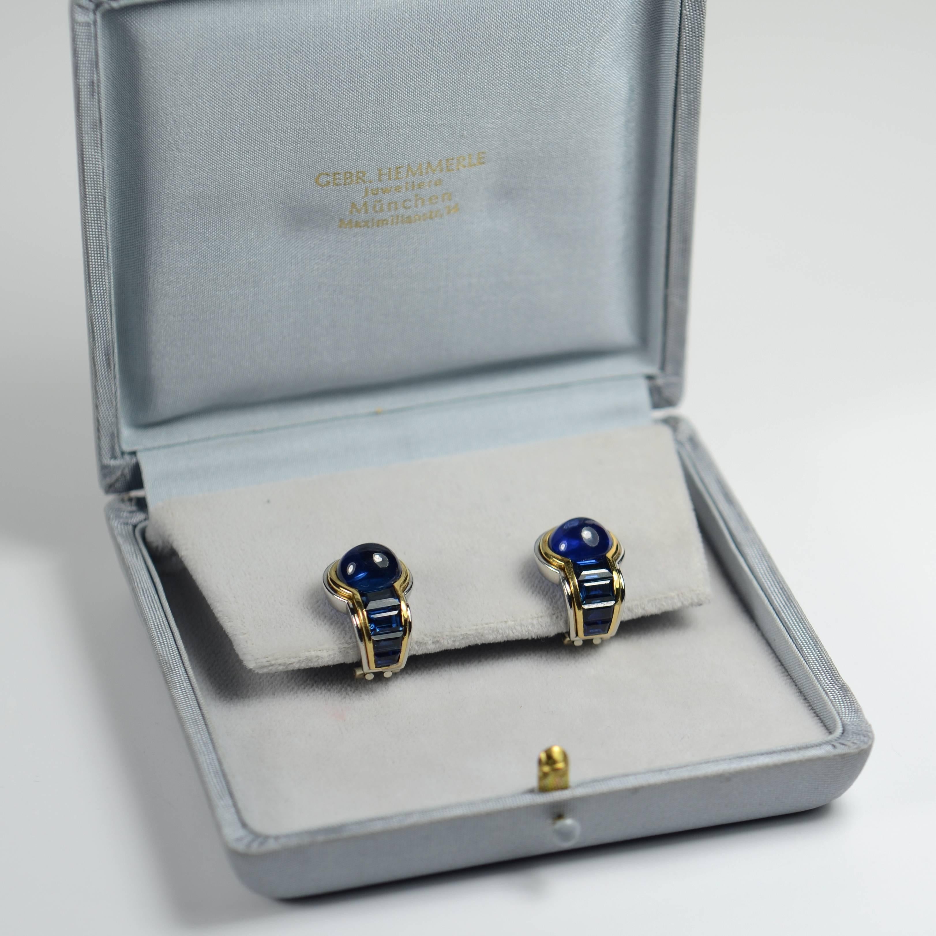 1980s Hemmerle Blue Sapphire Platinum Gold Earrings 2