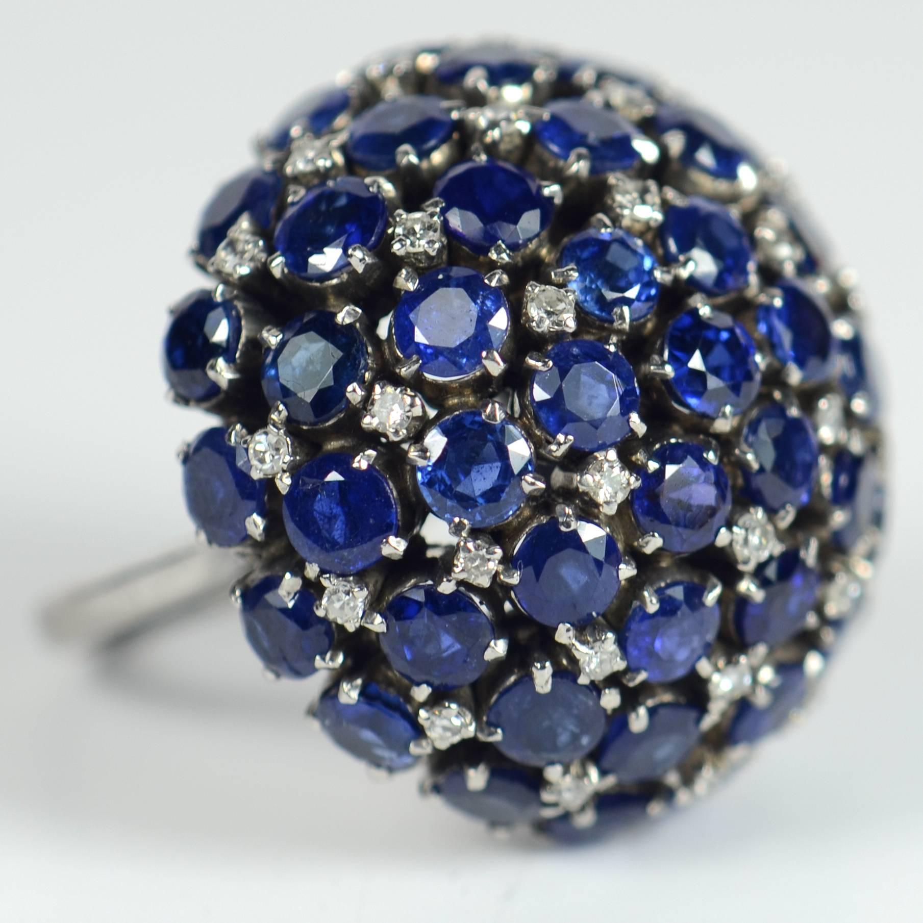 Women's Sapphire Diamond Bombe Ring, circa 1960 For Sale