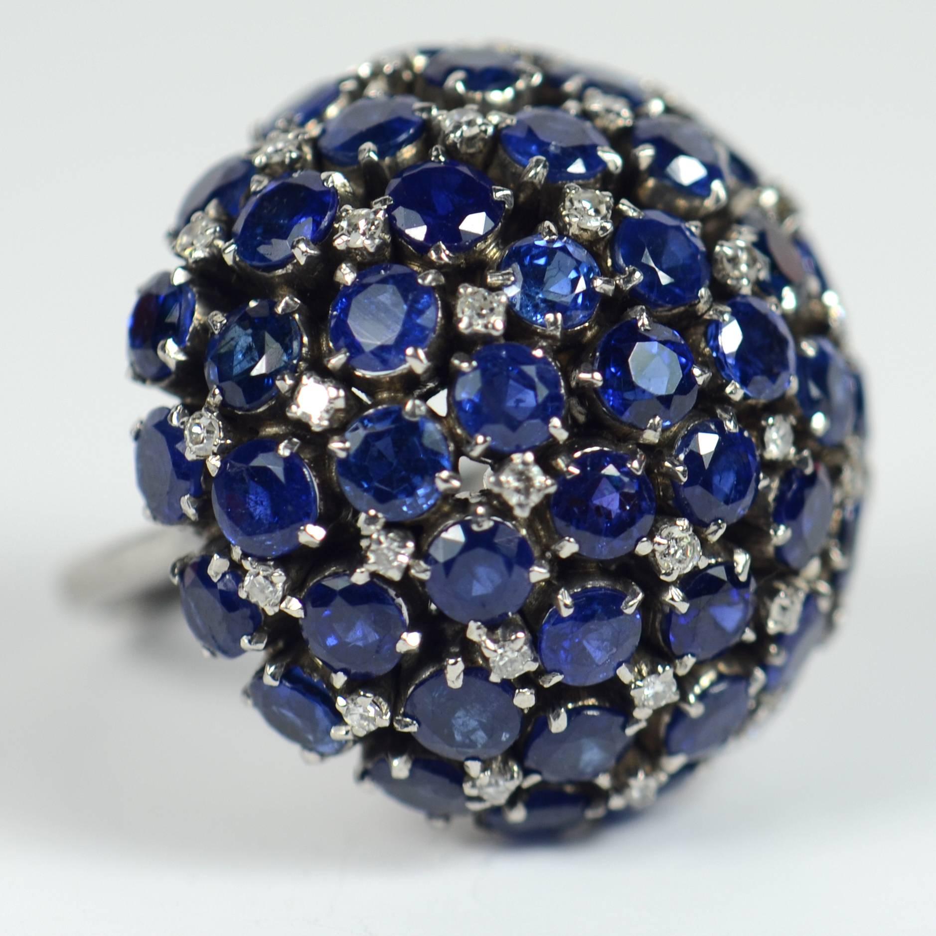 Sapphire Diamond Bombe Ring, circa 1960 In Good Condition For Sale In London, GB