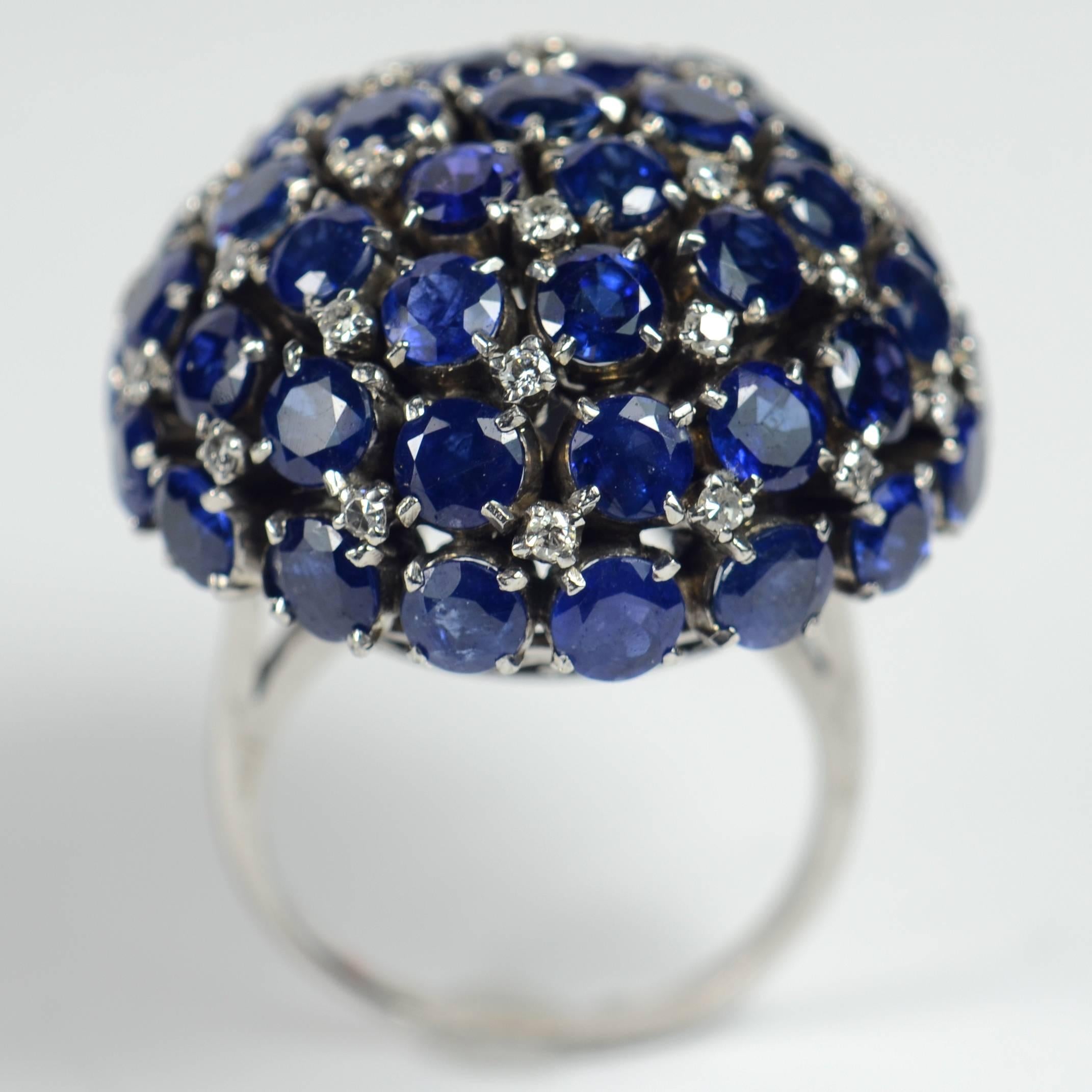 Round Cut Sapphire Diamond Bombe Ring, circa 1960 For Sale