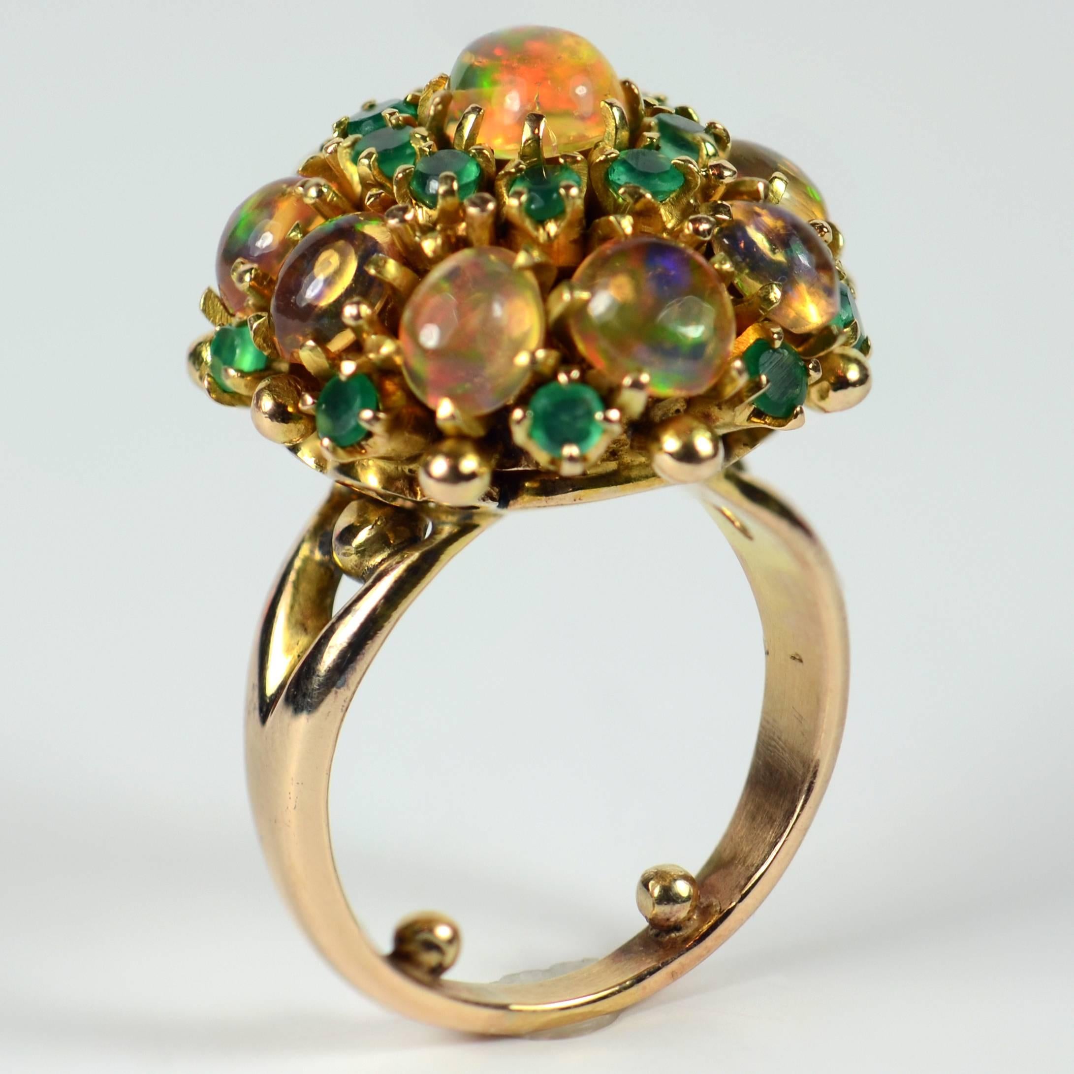 circa 1960 Fire Opal Agate Gold Bombe Cluster Cocktail Ring 3