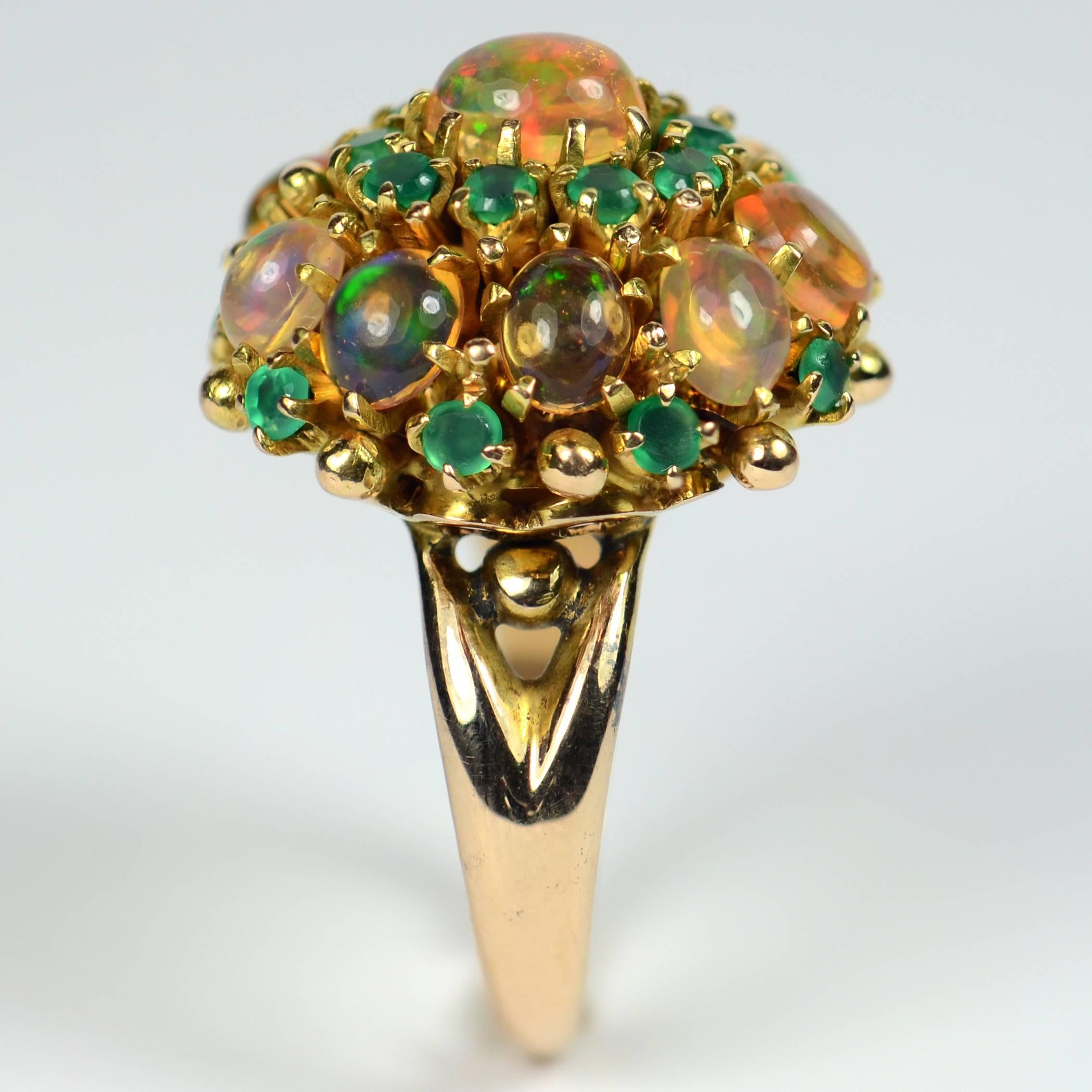 circa 1960 Fire Opal Agate Gold Bombe Cluster Cocktail Ring 4