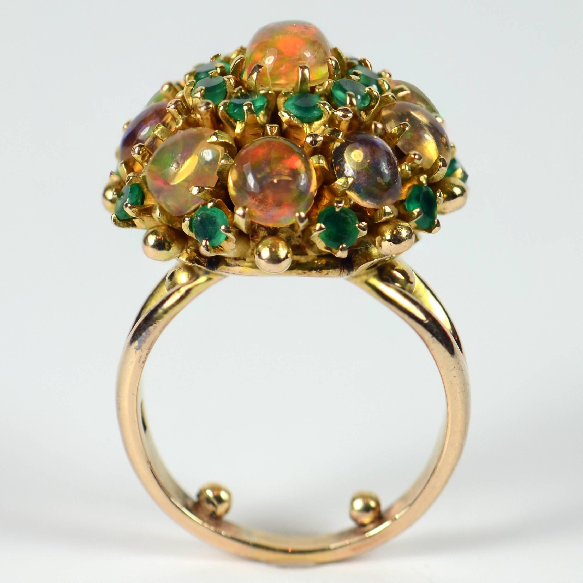 circa 1960 Fire Opal Agate Gold Bombe Cluster Cocktail Ring 2