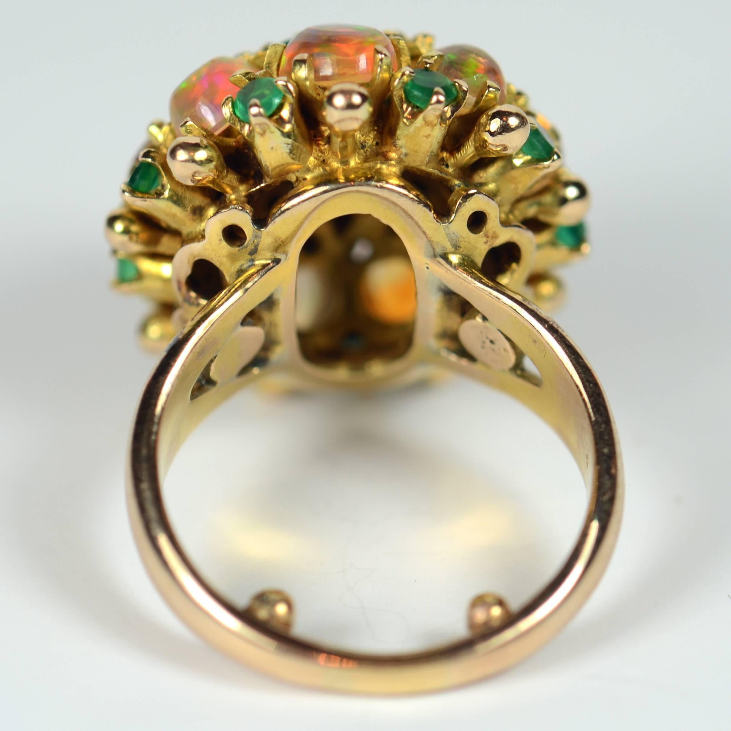 circa 1960 Fire Opal Agate Gold Bombe Cluster Cocktail Ring 1