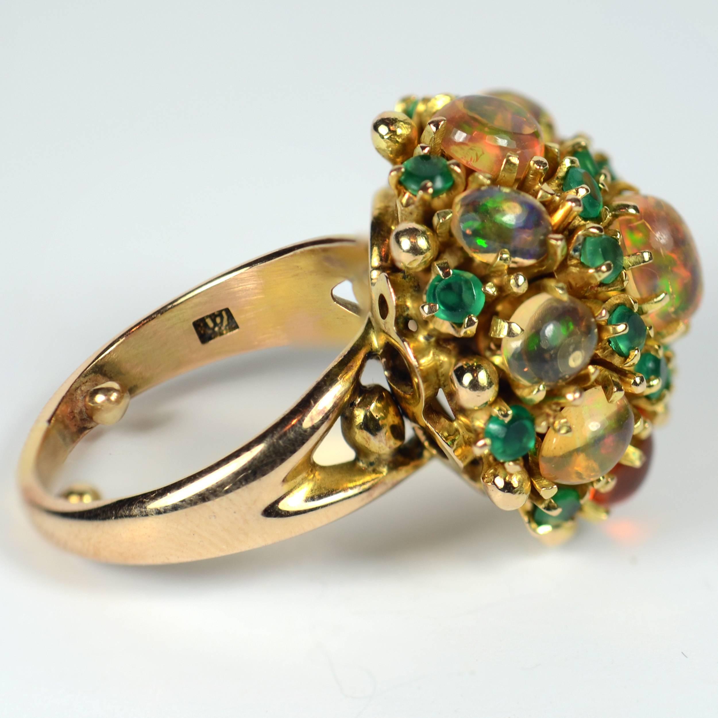 Women's circa 1960 Fire Opal Agate Gold Bombe Cluster Cocktail Ring