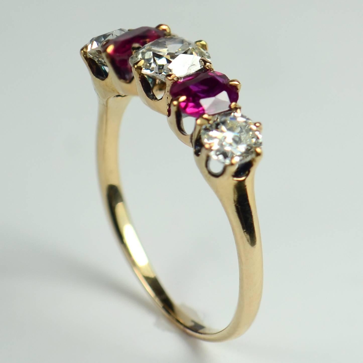 Oval Cut Edwardian Burmese Red Ruby White Diamond Five-Stone Engagement Ring