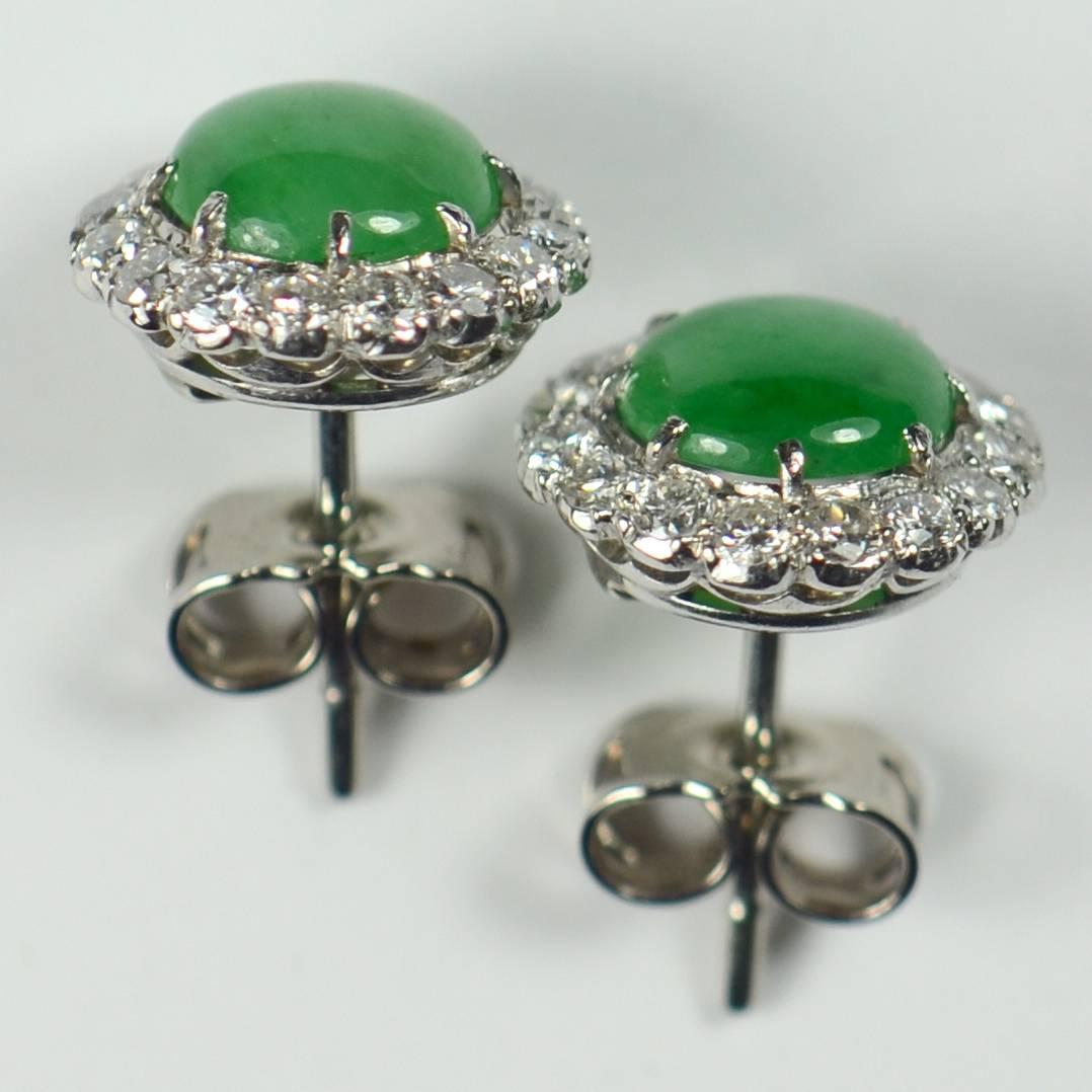 Untreated Green Jade White Diamond Cluster Stud Earrings In Good Condition In London, GB