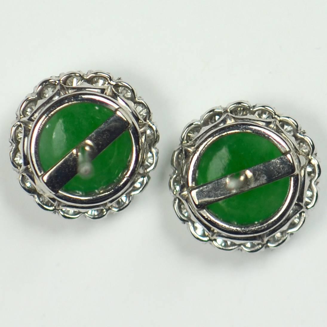 Untreated Green Jade White Diamond Cluster Stud Earrings 1